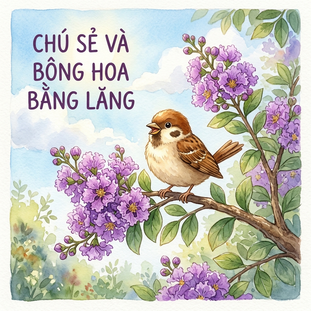 Chú sẻ và bông hoa bằng lăng